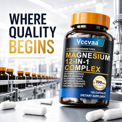 Magnesium Complex 700mg | 12-in-1 High Absorption Supplement | Glycinate, Citrate, Malate, Taurate & More | Sleep Support, Muscle Cramp Relief, Stress, Heart & Nerve Health | 120 Vegan Capsules