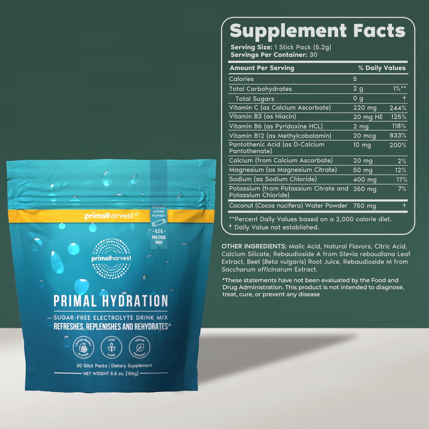 Primal Harvest Hydration - Electrolytes Sticks, Lemon Berry Flavor, Vegan