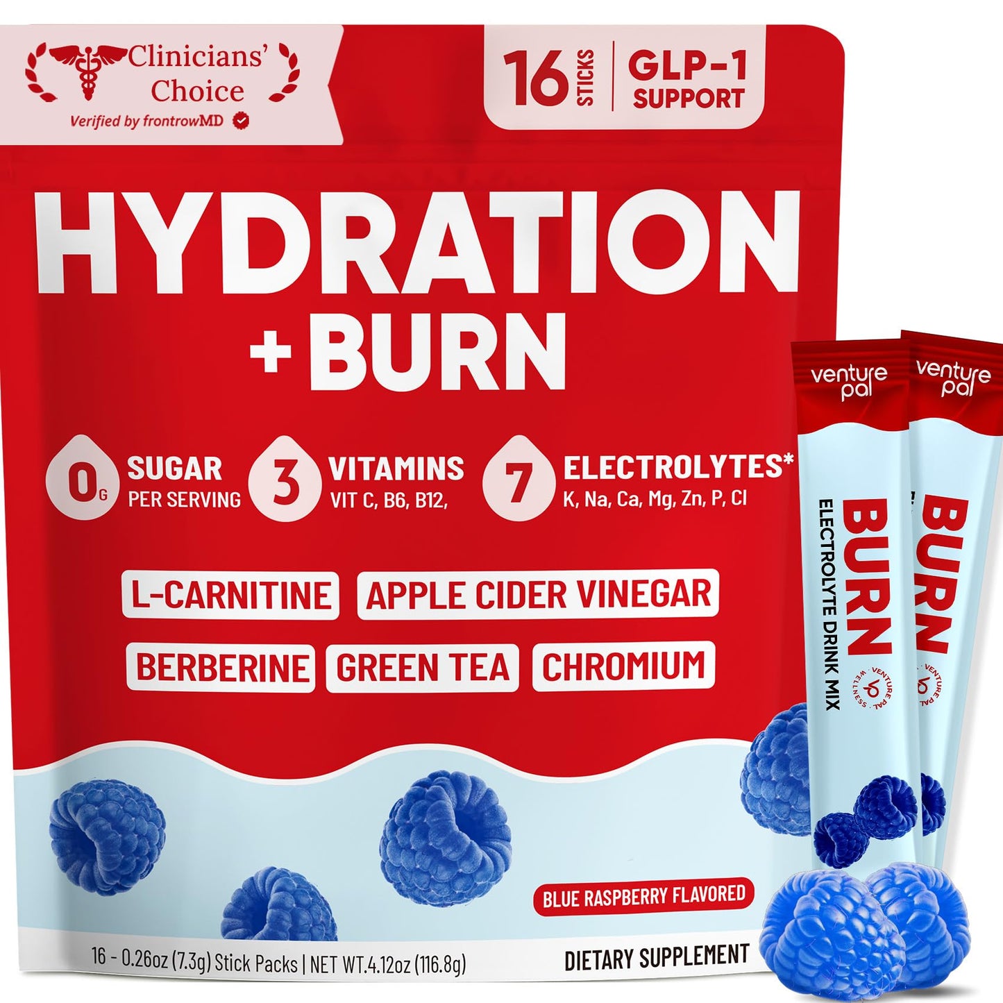 Venture Pal Electrolyte Packets + Burn Support, Sugar Free, 16 Sticks | 7 Electrolytes + L-Carnitine, Berberine, ACV, Chromium, Green Tea, Metabolic Support, Keto Friendly, Vegan, Liquid Daily IV