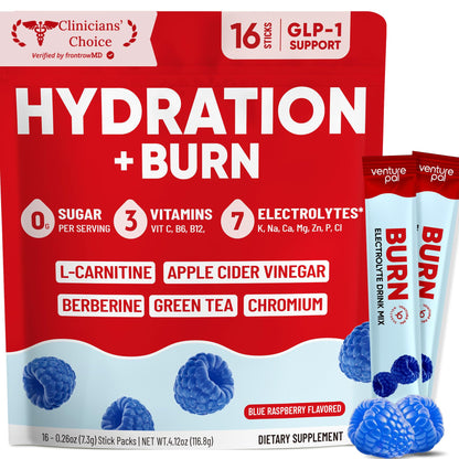Venture Pal Electrolyte Packets + Burn Support, Sugar Free, 16 Sticks | 7 Electrolytes + L-Carnitine, Berberine, ACV, Chromium, Green Tea, Metabolic Support, Keto Friendly, Vegan, Liquid Daily IV