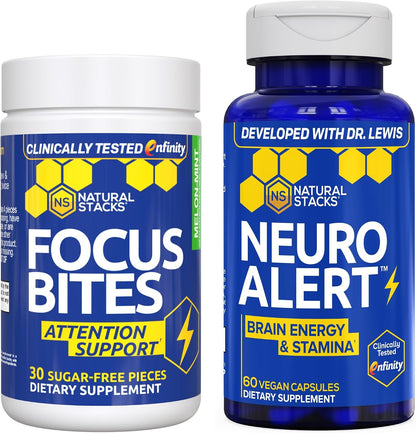 NATURAL STACKS Paraxanthine Supplement Bundle - Focus Bites & NeuroAlert Bundle - Caffeine Free Focus with Enfinity Paraxanthine - 60 Total Servings