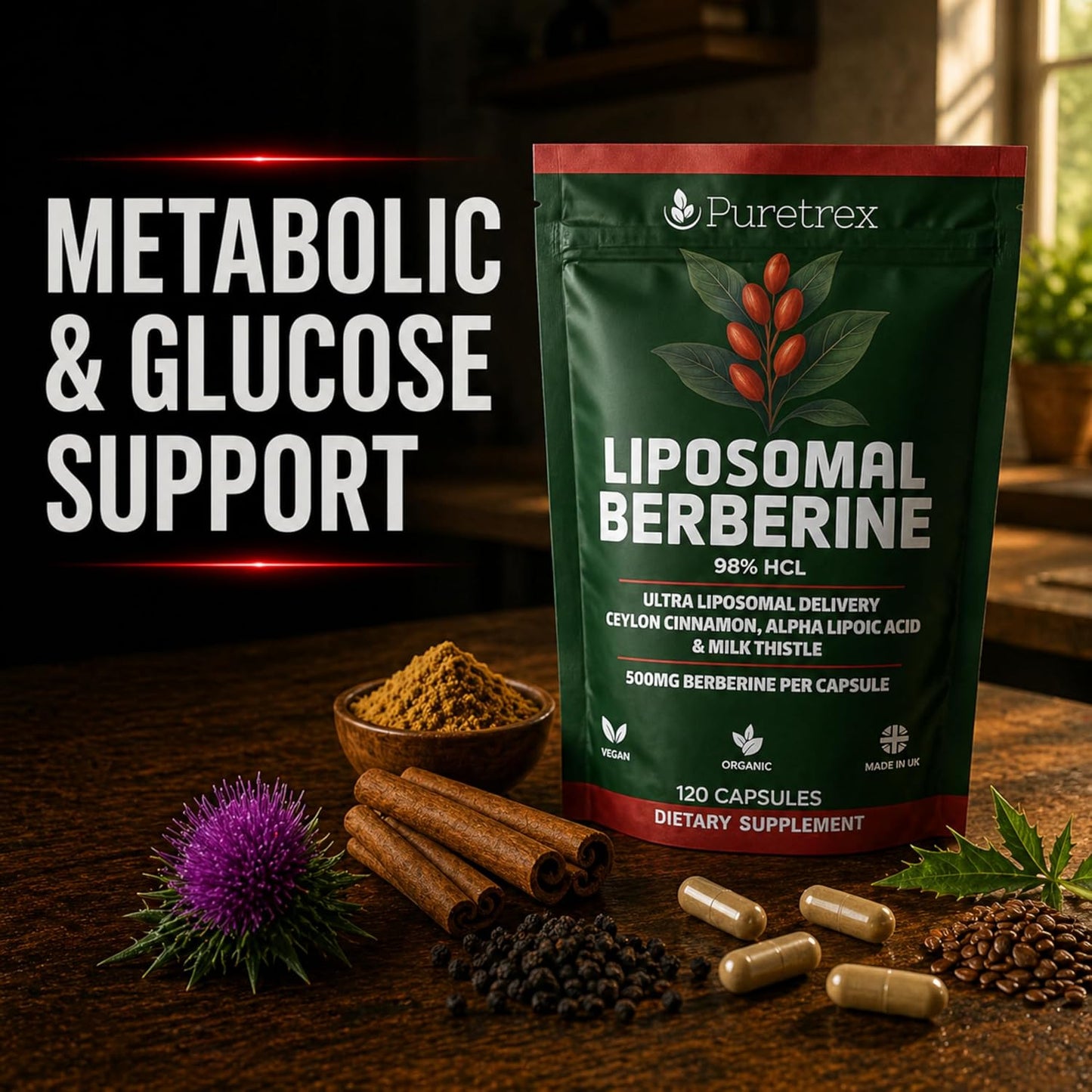 Liposomal Berberine 500mg HCl 98%, 120 Capsules with Ceylon Cinnamon, Alpha Lipoic Acid, Milk Thistle, Enhanced Absorption Metabolism Supplement, Made in UK, Vegan