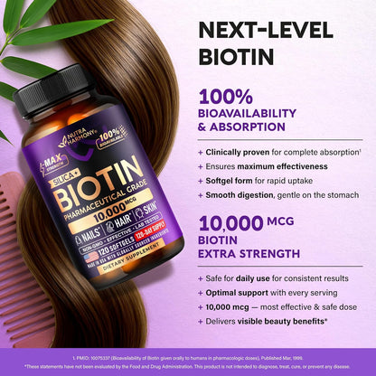 Biotin 10000 mcg with Silicon - Pharmaceutical Grade Biotin Supplement for Women - Hair Growth Support, Skin & Nails - Max Strength & 100% Bioavailability - Lab Tested - 120 Softgels, 120 Days Supply