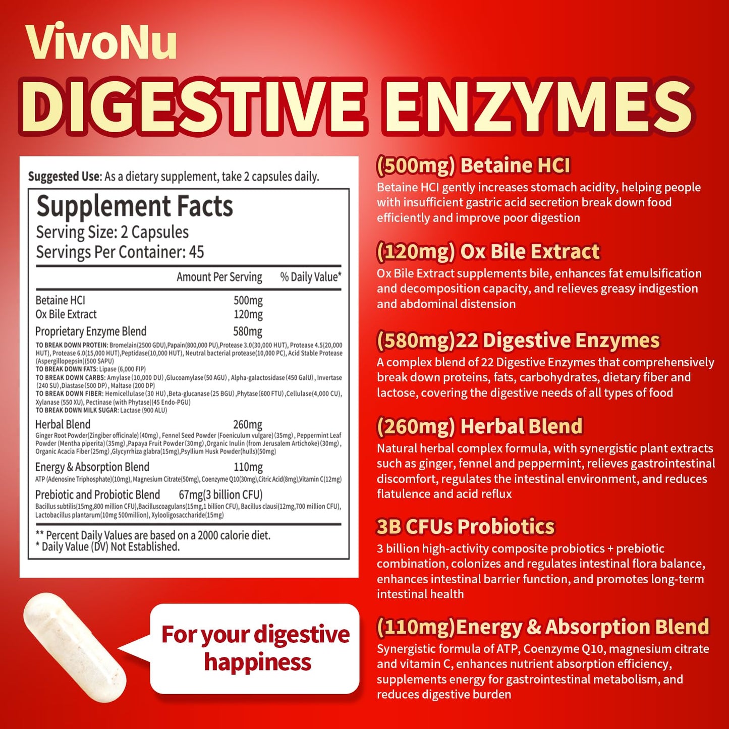 VivoNu Digestive Enzymes | 22 Enzymes with Organic Prebiotics & Probiotics | Supports Digestion* of Protein, Carbs, Fiber & Dairy | 180 Capsules