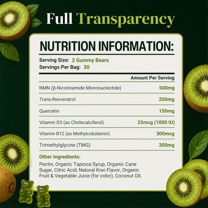 NMN Gummies 500mg with Trans-Resveratrol 200mg, Quercetin, TMG, Vitamin D3 B12, 1480mg NAD+ Supplement, Cellular Energy, Longevity & Healthy Aging Support, Vegan, 60 Kiwi Gummy Bears