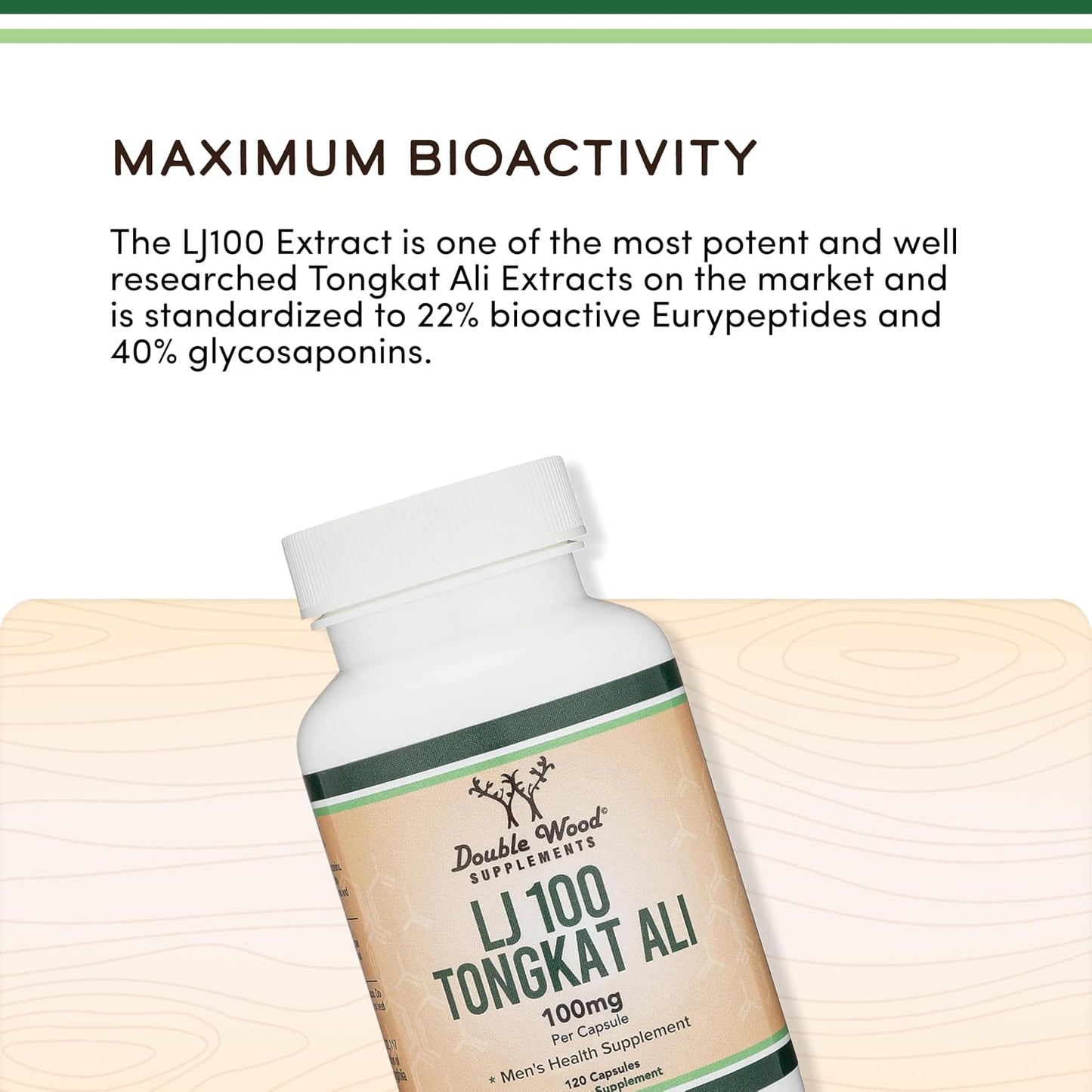 LJ100 Tongkat Ali for Men (120 Capsules) - Only Clinically Proven and Patented Men's Heath Supplement Tongkat Ali Formula (LJ100 Std to 40% Glycosaponins, 22% Eurypeptides) by Double Wood