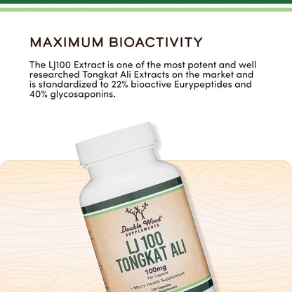 LJ100 Tongkat Ali for Men (120 Capsules) - Only Clinically Proven and Patented Men's Heath Supplement Tongkat Ali Formula (LJ100 Std to 40% Glycosaponins, 22% Eurypeptides) by Double Wood