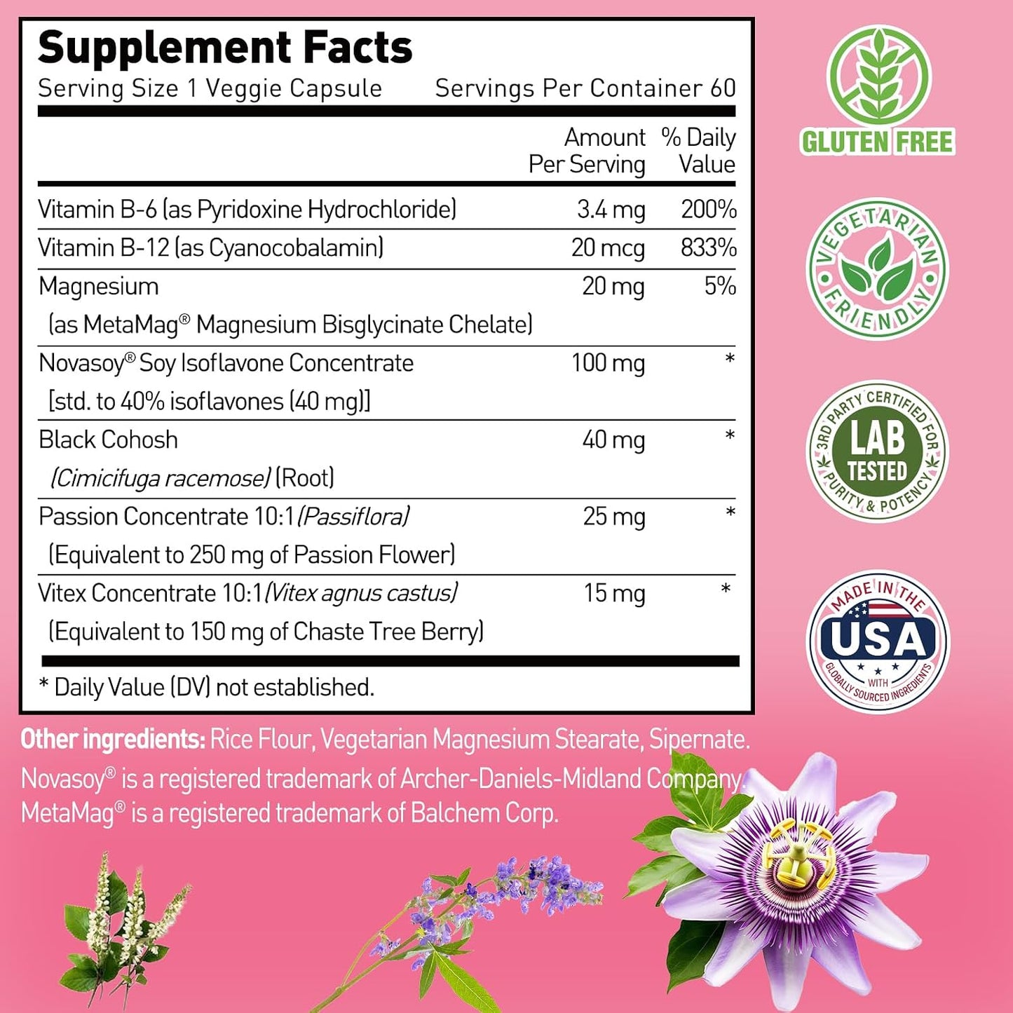 Menopause Relief Capsules for Women, Novasoy Soy Isoflavone, Black Cohosh, Passion Flower, Vitex, Vitamin B6, Vitamin B12, Magnesium, 60 Count