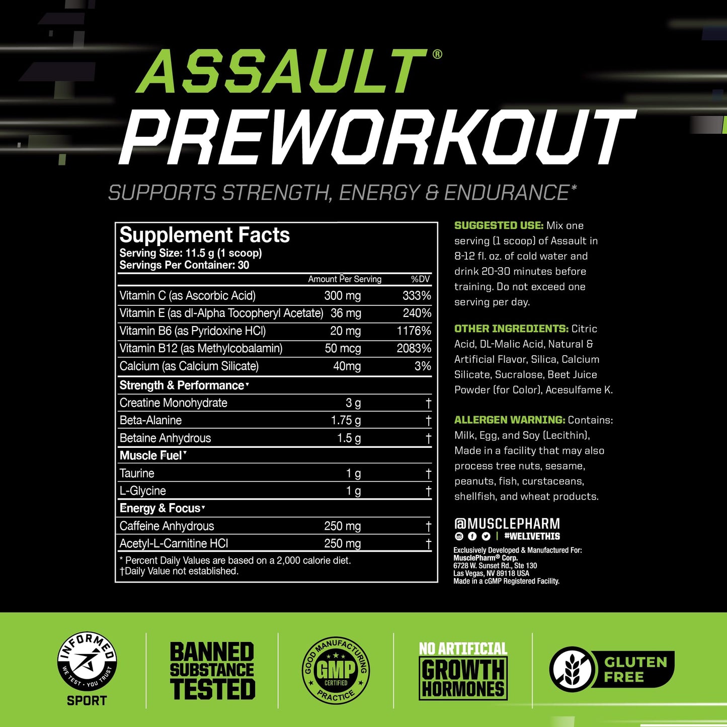 MusclePharm Assault Pre Workout Powder for Men & Women – Energy & Strength Boost Pre-Workout Supplements with Beta Alanine, Caffeine, Creatine & Betaine Anhydrous – 30 Servings, Fruit Punch Flavor