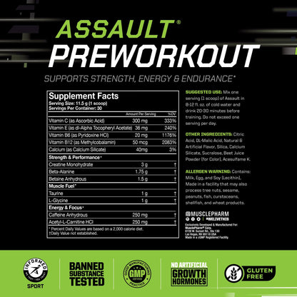 MusclePharm Assault Pre Workout Powder for Men & Women – Energy & Strength Boost Pre-Workout Supplements with Beta Alanine, Caffeine, Creatine & Betaine Anhydrous – 30 Servings, Fruit Punch Flavor