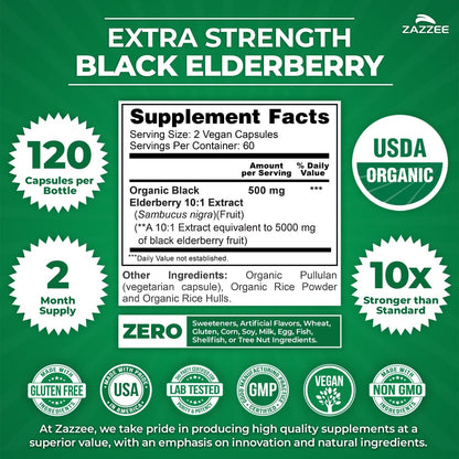 Zazzee USDA Organic Black Elderberry 10:1 Extract, 120 Vegan Capsules, 2 Month Supply, Sambucus Nigra, Antioxidant & Immune Support, Concentrated 10X Extract, All-Natural, Non-GMO, Made in the USA