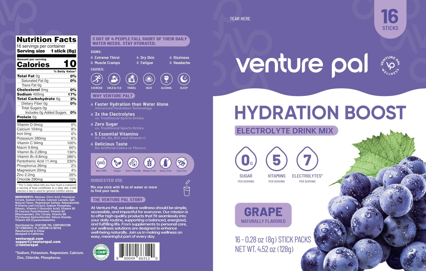 Venture Pal Sugar Free Electrolyte Packet, Liquid Daily IV Hydration Powder | 5 Vitamins & 7 Electrolytes, Instantly Hydration Packets for Sports & Party Recovery, Vegan, Keto Friendly, 16 Sticks