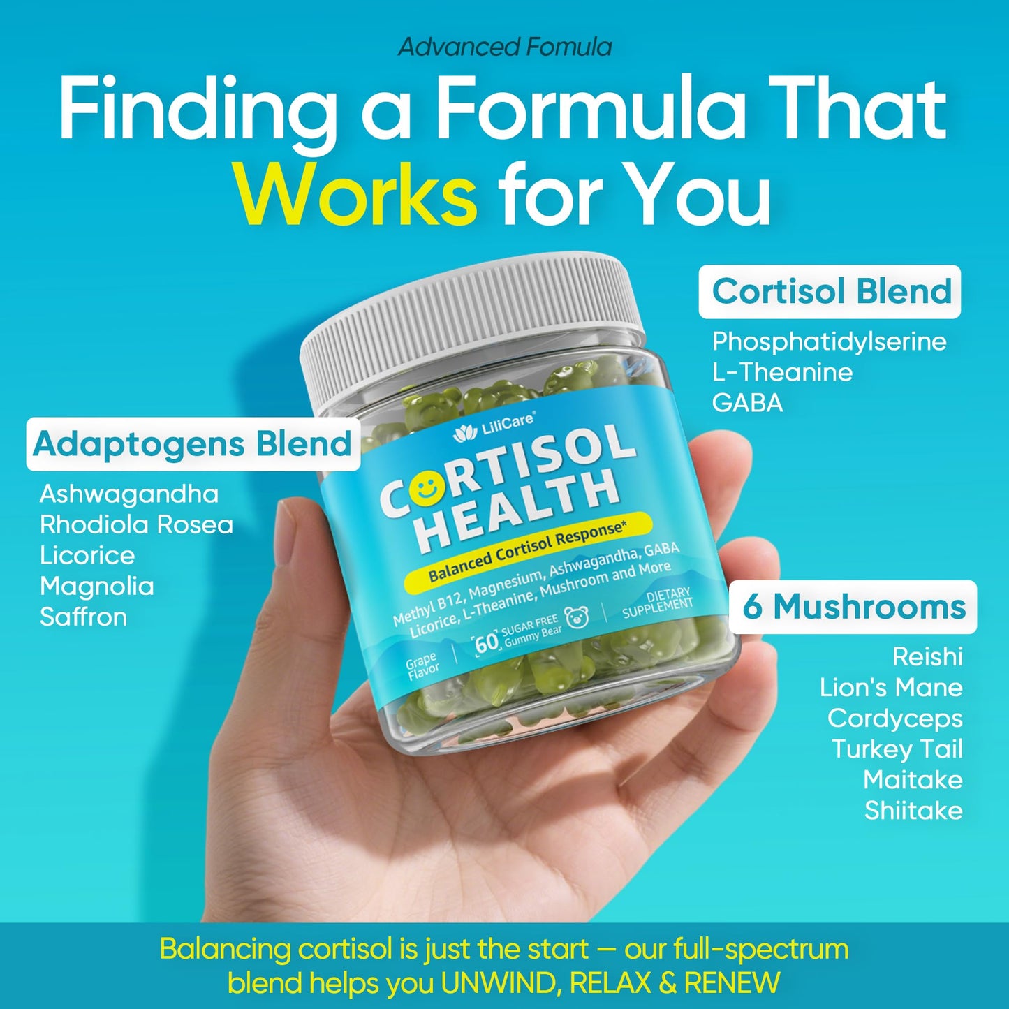 Cortisol Gummies for Women & Men, Sugar Free Cortisol Reducer Supplements w/ Magnesium, Ashwagandha, Mushroom, L-theanine, Rhodiola, Vitamin B6 B12 for Cortisol Detox, Relax, Sleep Support 2 Pack
