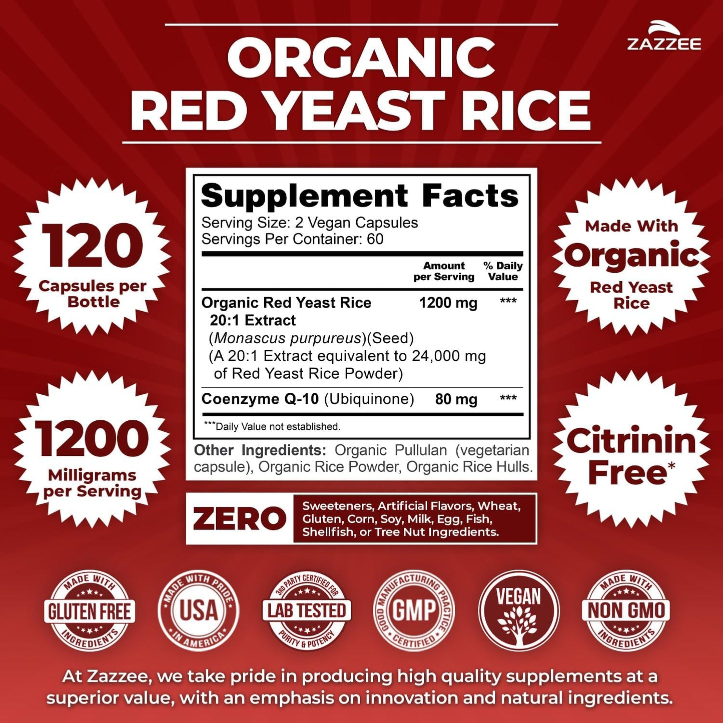 Zazzee Organic Red Yeast Rice 20:1 Extract with CoQ10, Citrinin-Free, 1200 mg per Serving, 80 mg CoQ10, 120 Vegan Capsules, Healthy Heart & Cardiovascular Support, Non-GMO, Made in the USA