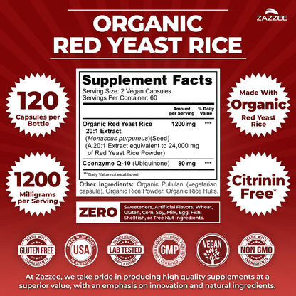 Zazzee Organic Red Yeast Rice 20:1 Extract with CoQ10, Citrinin-Free, 1200 mg per Serving, 80 mg CoQ10, 120 Vegan Capsules, Healthy Heart & Cardiovascular Support, Non-GMO, Made in the USA