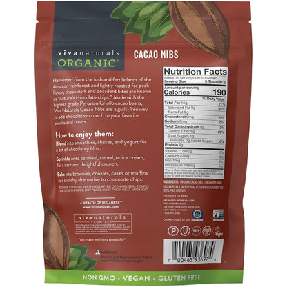 Viva Naturals Organic Cacao Nibs, Unsweetened, 1 LB (454 g), Keto Friendly, Vegan, Non-GMO, Gluten-Free Crunchy Chocolate Chip Substitute