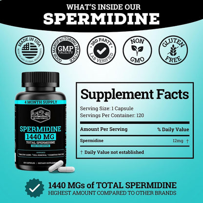 Spermidine Supplement (1440mg of 99% Pure Spermidine Supplements For Women & Men) 4 Months Supply (100X More Potent Than Wheat Germ Extract) 12MGS Per Serving For Cellular Health, Anti-Aging & Energy
