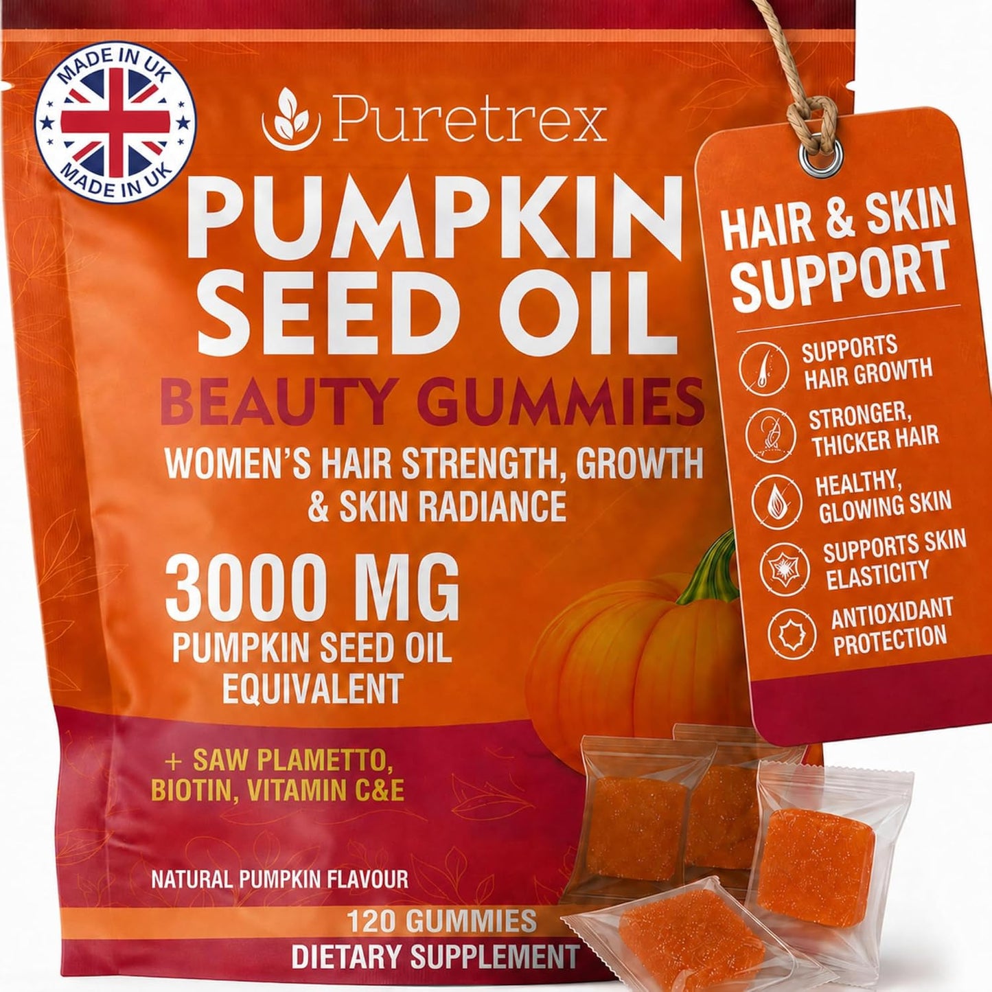 Pumpkin Seed Oil Beauty Gummies 3000mg, Saw Palmetto, 120 Vegan Chewables for Women Hair Growth, Strength, Skin Radiance, Biotin 2500mcg, Vitamin C, E, Zinc, Selenium, BioPerine, Pectin, Made in UK