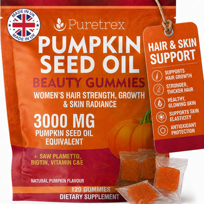Pumpkin Seed Oil Beauty Gummies 3000mg, Saw Palmetto, 120 Vegan Chewables for Women Hair Growth, Strength, Skin Radiance, Biotin 2500mcg, Vitamin C, E, Zinc, Selenium, BioPerine, Pectin, Made in UK