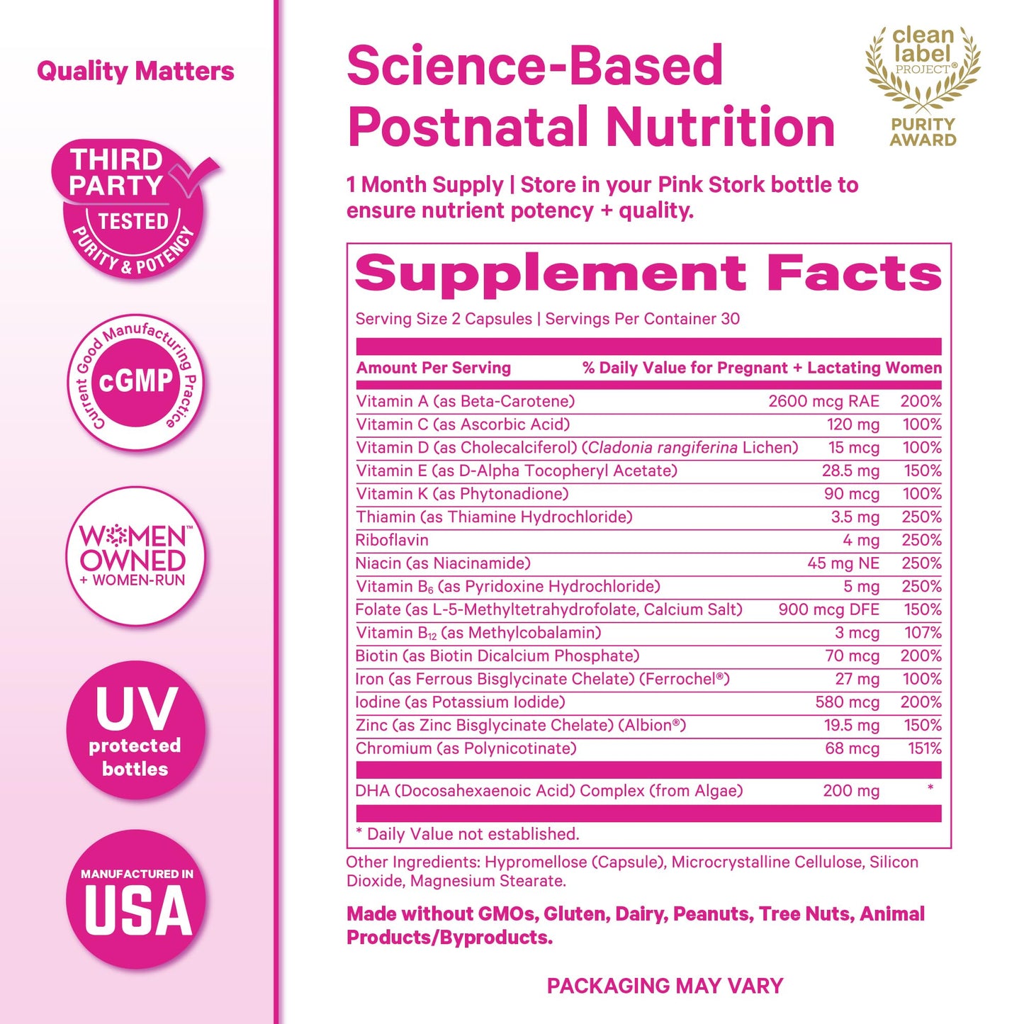 Pink Stork Total Postnatal Vitamins for Women, 60 Capsules, Berry | No Fishy Burps, Vegan Algae DHA, Methylated Folate, Iron, Postpartum Recovery + Lactation Support, Clean Label Award Winner