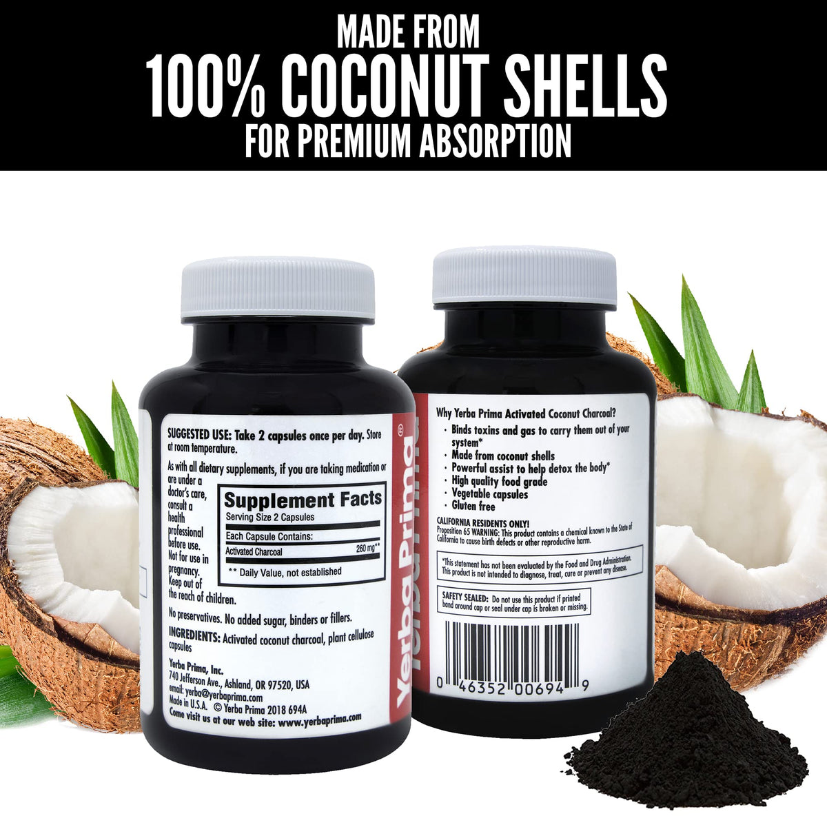 Yerba Prima Activated Coconut Charcoal, 60 Capsules - Natural Detox - Vegetarian, Vegan, Gluten Free, Non GMO