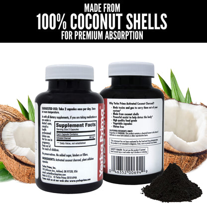 Yerba Prima Activated Coconut Charcoal, 60 Capsules - Natural Detox - Vegetarian, Vegan, Gluten Free, Non GMO