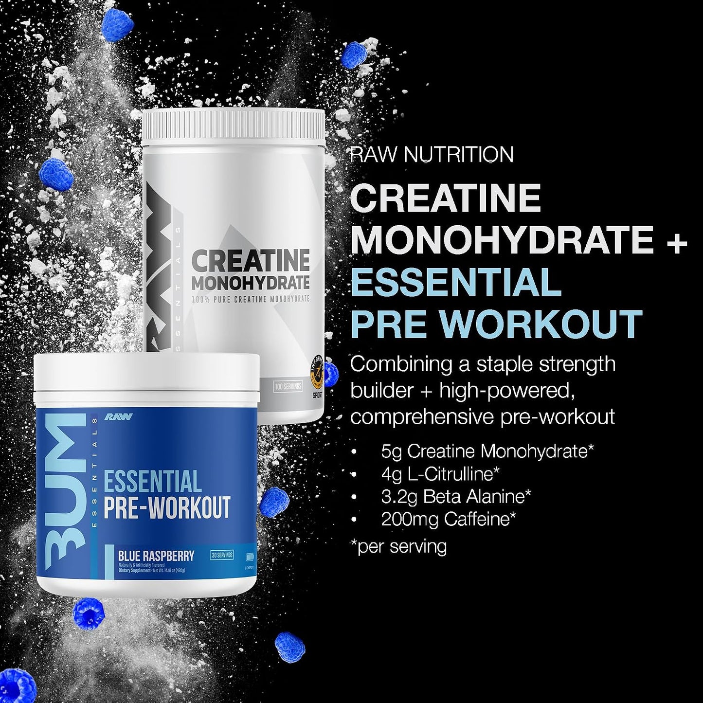 RAW Nutrition Creatine Monohydrate & Blue Raspberry Pre-Workout Powder Bundle