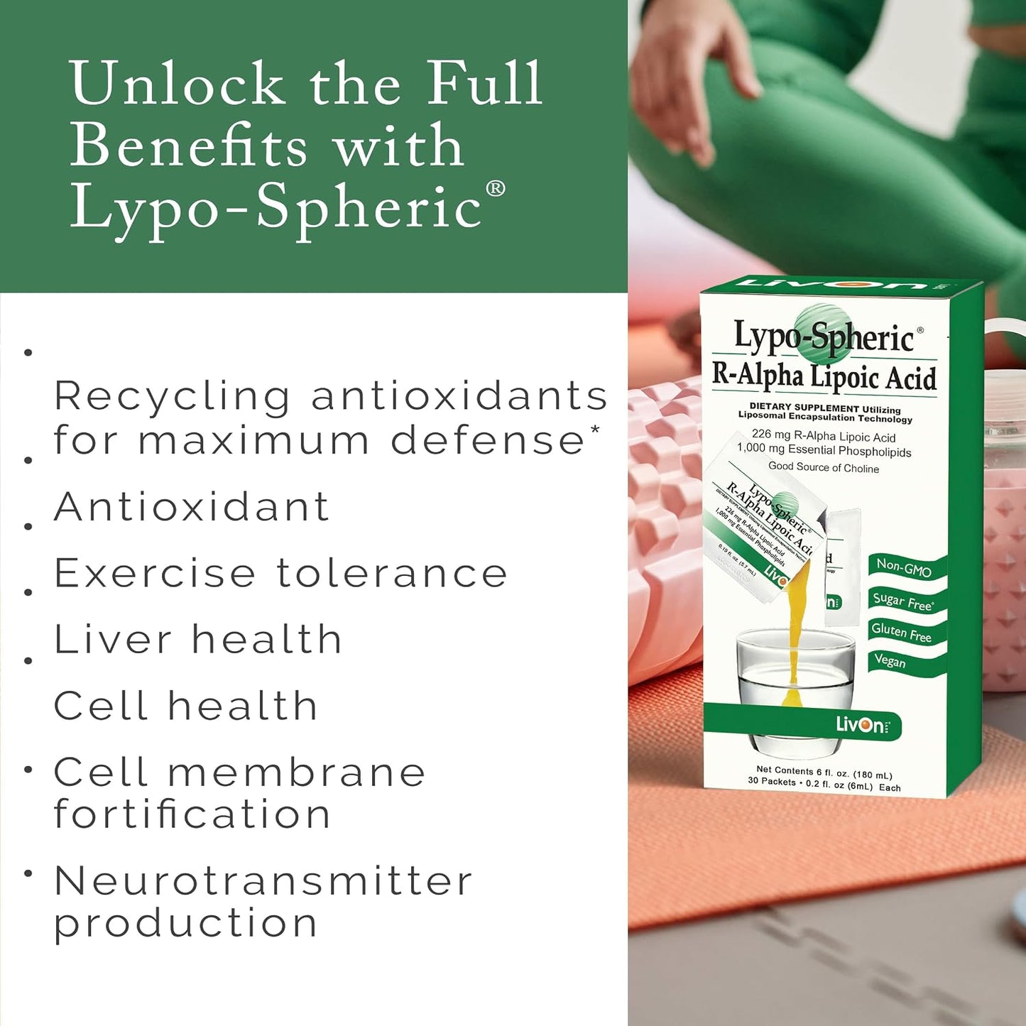 LivOn Laboratories Lypo-Spheric R-Alpha Lipoic Acid - 226mg Per Packet - Liposome Encapsulated for Maximum Bioavailability - 100% Non-GMO (30 Individual Packets)