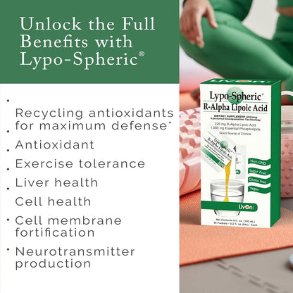 LivOn Laboratories Lypo-Spheric R-Alpha Lipoic Acid - 226mg Per Packet - Liposome Encapsulated for Maximum Bioavailability - 100% Non-GMO (30 Individual Packets)