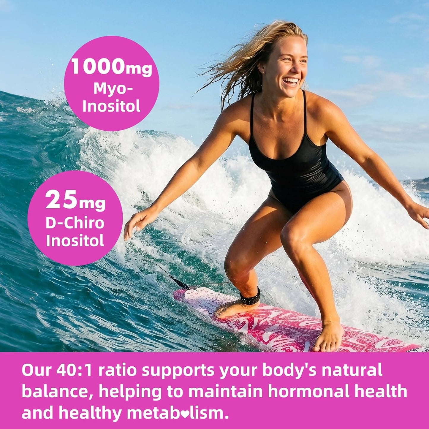 Myo-Inositol & D-Chiro Inositol Gummies for Women, Sugar-Free, 60 Count | Ideal 40:1 Ratio with Vitamin D3, Folate, Magnesium and Zinc - Support Female Health & Wellness, Strawberry Flavor