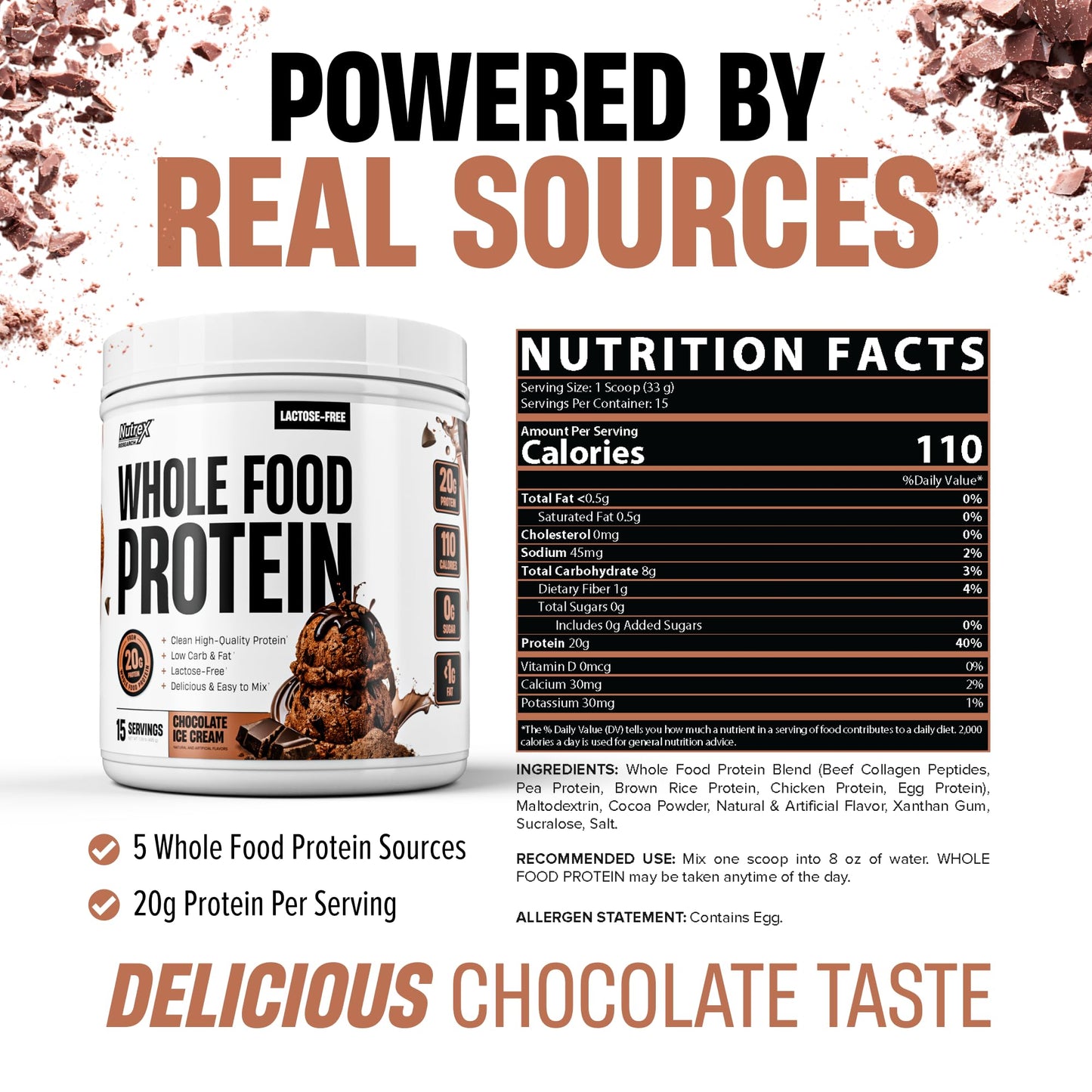 Nutrex Research Whole Food Protein Powder, 20g Protein per Scoop, Lactose Free, Dairy Free, Low Carb Low Fat, Collagen Peptides, 15 Servings (Vanilla Milkshake)