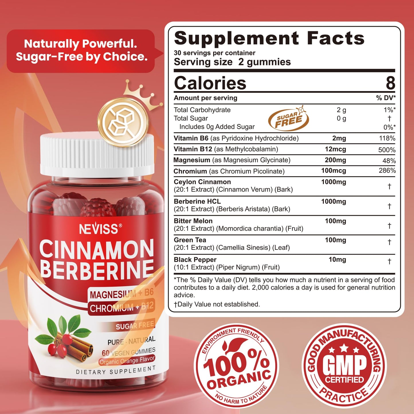 Ceylon Cinnamon Berberine Gummies 2000mg Sugar Free, Organic Berberine HCI Supplement with Ceylon Cinnamon, Bitter Melon, Green Tea, Chromium, Magnesium Glycinate & Methyl B12 for Women & Men, 120ct