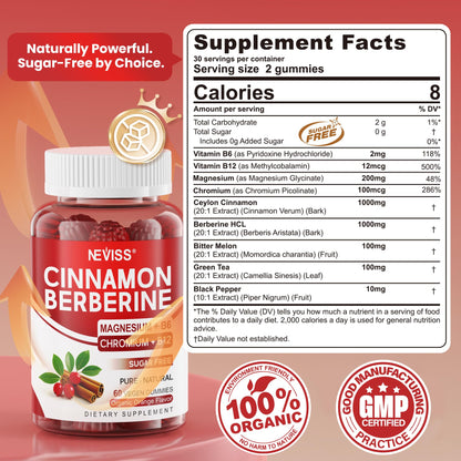 Ceylon Cinnamon Berberine Gummies 2000mg Sugar Free, Organic Berberine HCI Supplement with Ceylon Cinnamon, Bitter Melon, Green Tea, Chromium, Magnesium Glycinate & Methyl B12 for Women & Men, 120ct