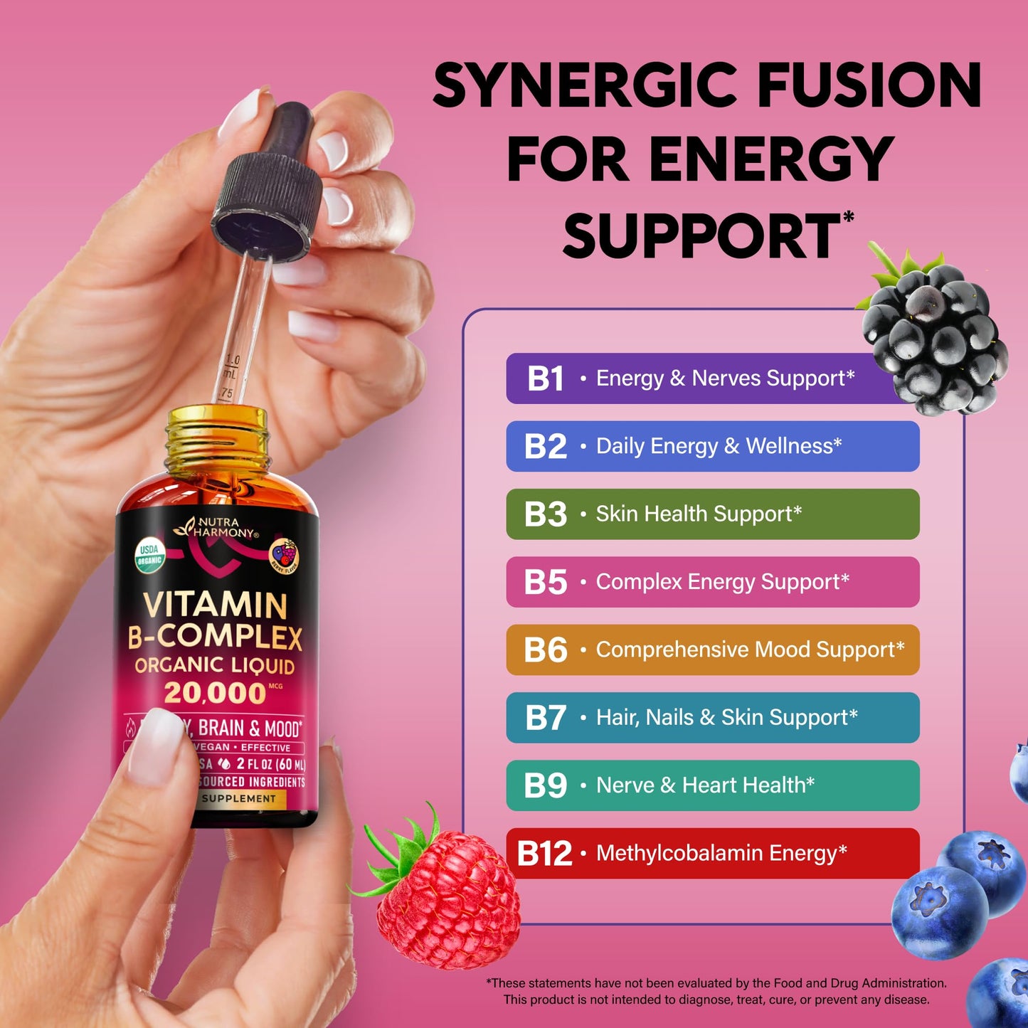 USDA Organic Vitamin B-Complex B5 Pantothenic Acid | B12 Methylcobalamin | B1 Thiamine | B6 Pyridoxine | B7 Biotin | B9 Folic | B3 Niacinamide - B Complex Liquid Drops, Natural Berry Flavor, 2fl oz