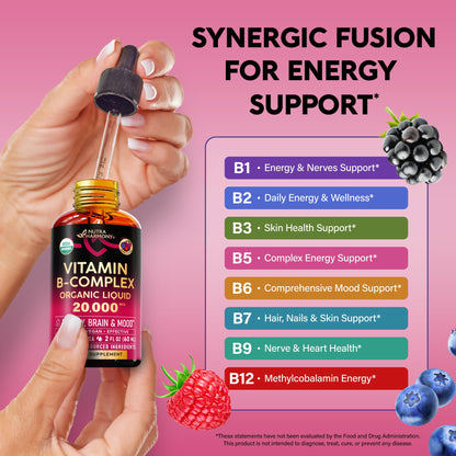 USDA Organic Vitamin B-Complex B5 Pantothenic Acid | B12 Methylcobalamin | B1 Thiamine | B6 Pyridoxine | B7 Biotin | B9 Folic | B3 Niacinamide - B Complex Liquid Drops, Natural Berry Flavor, 2fl oz