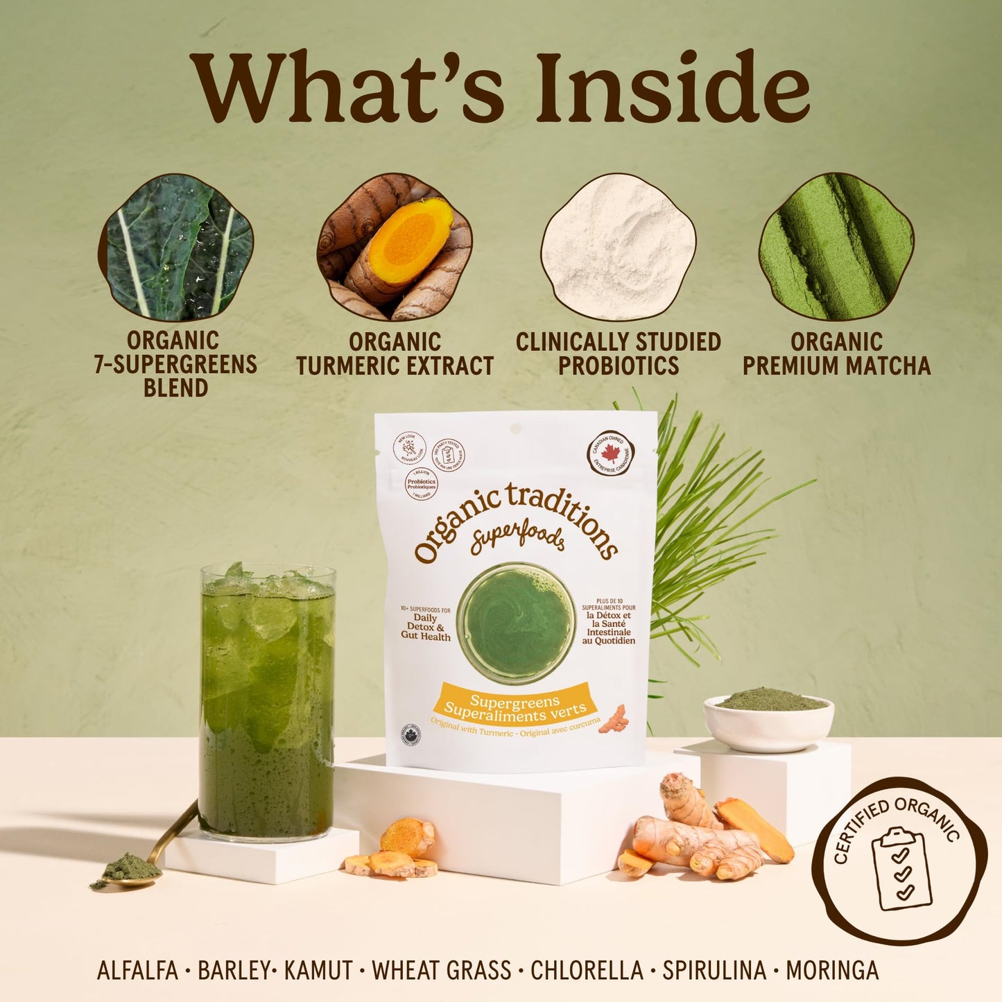 Organic Traditions Super Greens Powder with Turmeric, Organic Greens Superfood Blend with Vitamins Minerals and Probiotics, Plant Based Green Juice Mix for Smoothies and Drinks, 100g / 3.5oz Bag