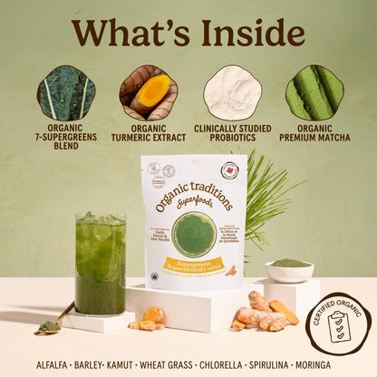 Organic Traditions Super Greens Powder with Turmeric, Organic Greens Superfood Blend with Vitamins Minerals and Probiotics, Plant Based Green Juice Mix for Smoothies and Drinks, 100g / 3.5oz Bag