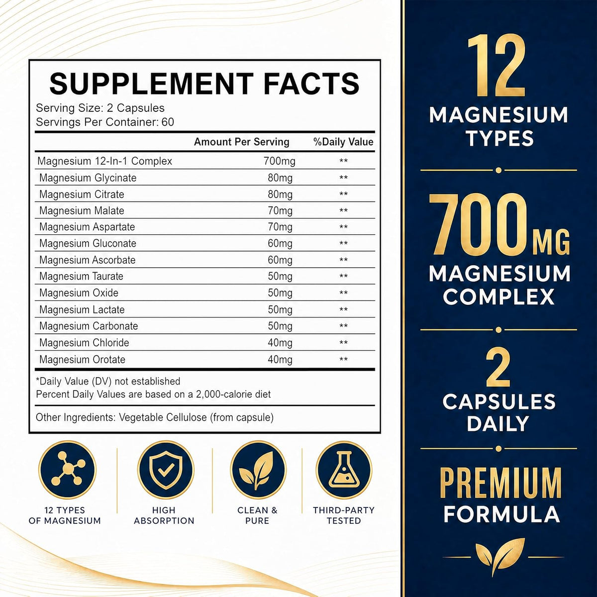 Magnesium Complex 700mg | 12-in-1 High Absorption Supplement | Glycinate, Citrate, Malate, Taurate & More | Sleep Support, Muscle Cramp Relief, Stress, Heart & Nerve Health | 120 Vegan Capsules