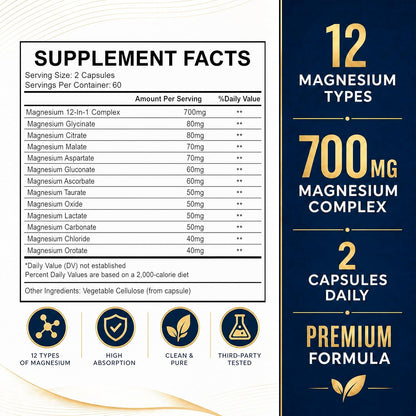 Magnesium Complex 700mg | 12-in-1 High Absorption Supplement | Glycinate, Citrate, Malate, Taurate & More | Sleep Support, Muscle Cramp Relief, Stress, Heart & Nerve Health | 120 Vegan Capsules