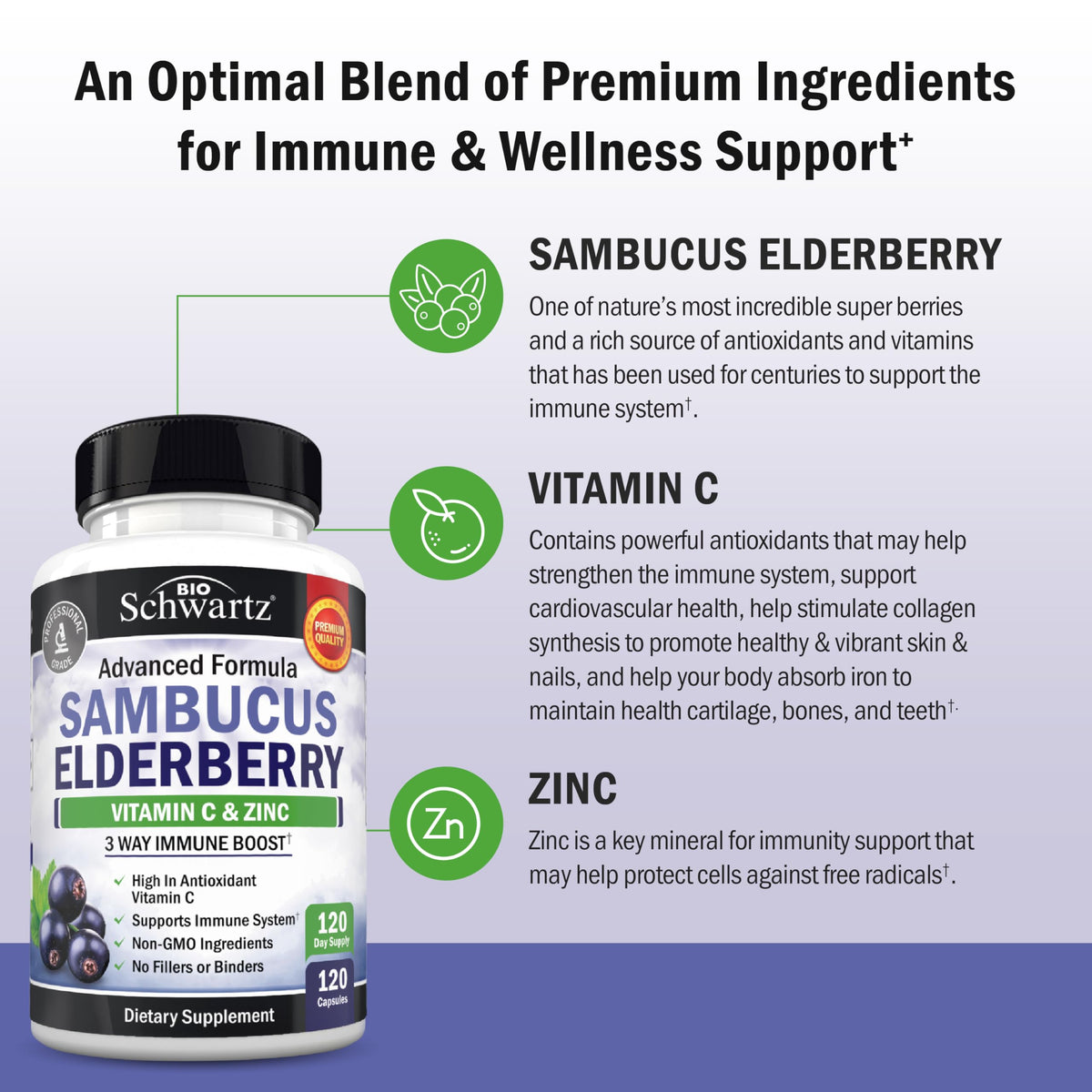 Elderberry Capsules with Zinc and Vitamin C for Adults, 60 Count