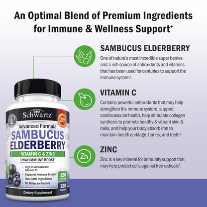 Elderberry Capsules with Zinc and Vitamin C for Adults, 60 Count