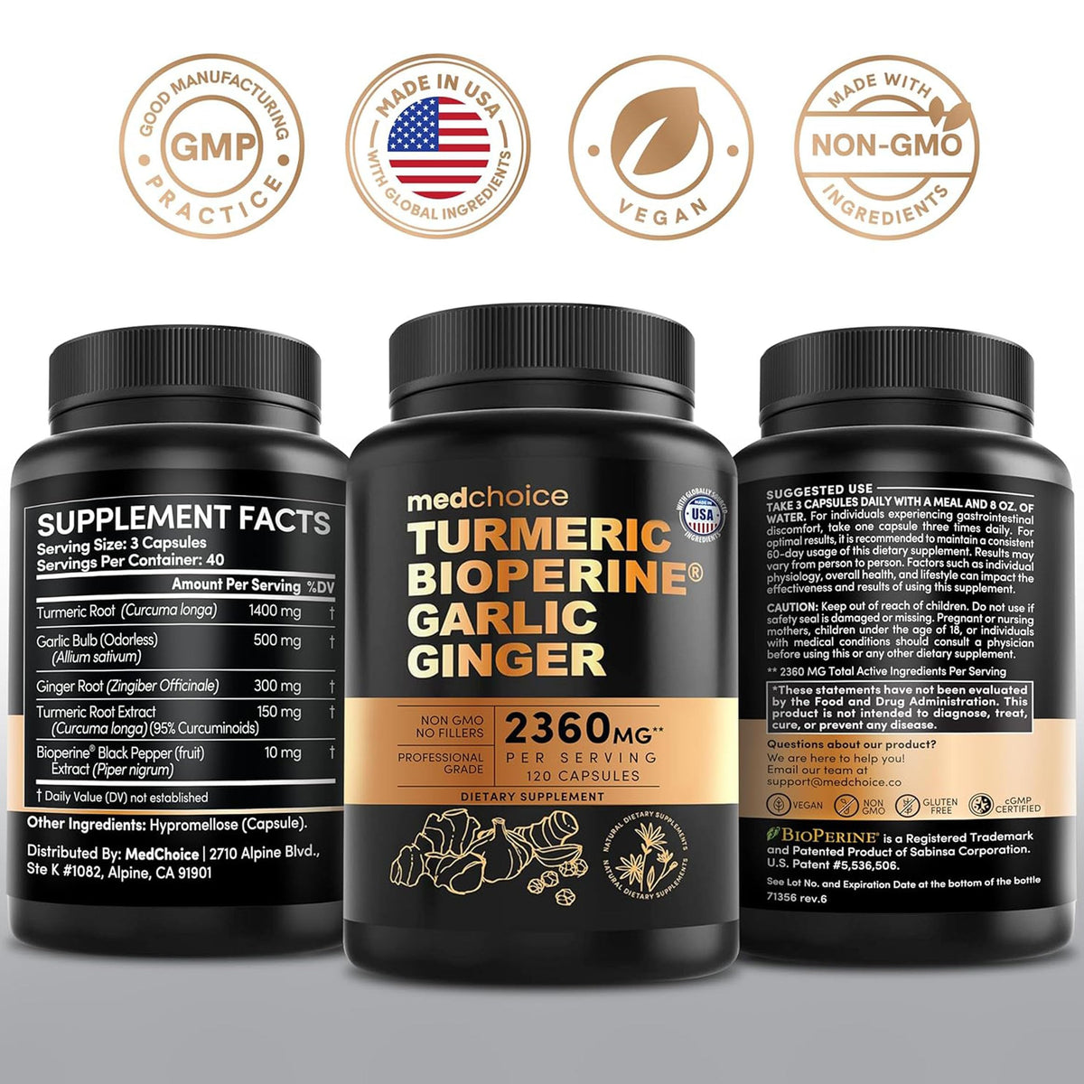 MEDCHOICE 4-in-1 Turmeric Joint Support with Garlic & BioPerine, 120ct