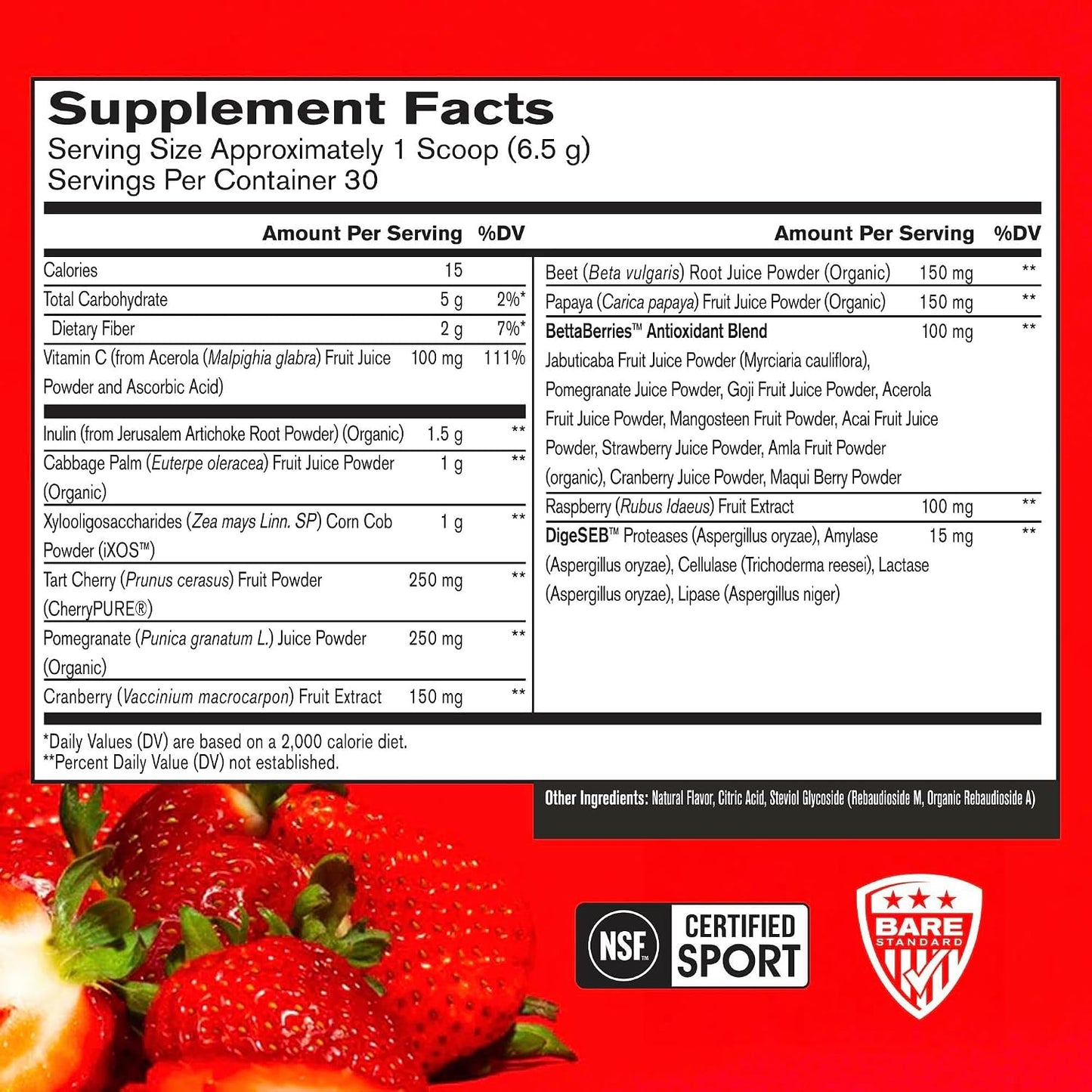 BARE PERFORMANCE NUTRITION, BPN Strong Reds Superfood Powder, Digestive Enzymes, Antioxidants, Improved Natural Energy, 30 Servings, Strawberry