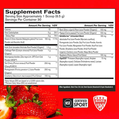 BARE PERFORMANCE NUTRITION, BPN Strong Reds Superfood Powder, Digestive Enzymes, Antioxidants, Improved Natural Energy, 30 Servings, Strawberry