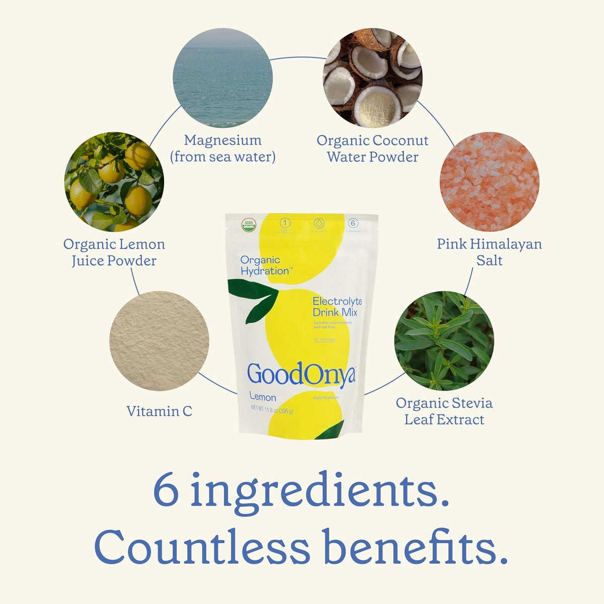 GOODONYA Organic Hydration Electrolyte Drink Mix, Certified Organic Hydration Powder, Non-GMO, Biochecked Glyphosate Free, Low Sugar, Lemonade Flavor, No Artificial Flavors,12 Stick Packs