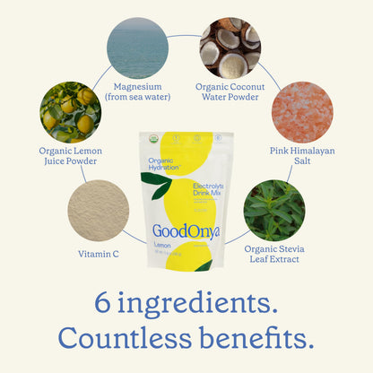 GoodOnya Organic Hydration Electrolyte Drink Mix, Certified Organic Hydration Powder, Non-GMO, Biochecked Glyphosate Free, Low Sugar, Lemonade Flavor, No Artificial Flavors, 42 Servings