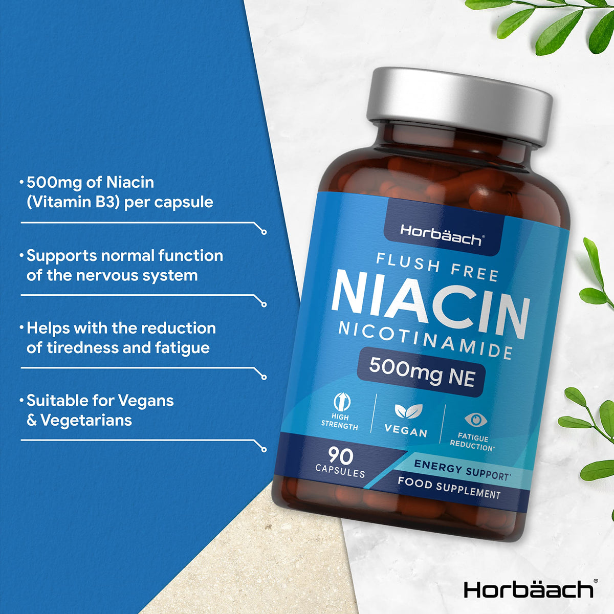 Vitamin B3 Niacin 500mg | 90 Vegan Capsules | Flush Free Nicotinamide Supplement