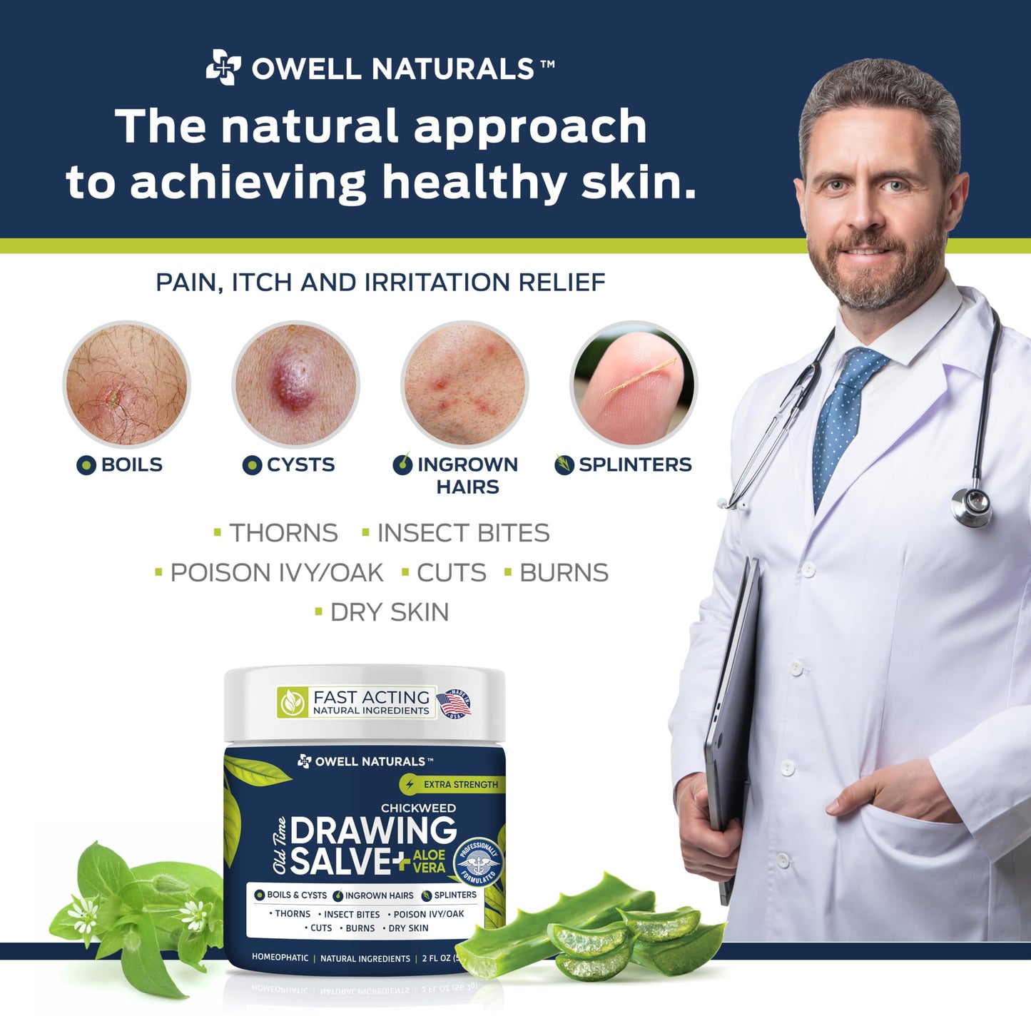 Owell naturals Chickweed Drawing Salve with Aloe Vera for boils, Cyst, Splinters, Poison Ivy/Oak, Skin Disorder, Irritations, Burns, Minor Cuts, Dry Skin, Itching