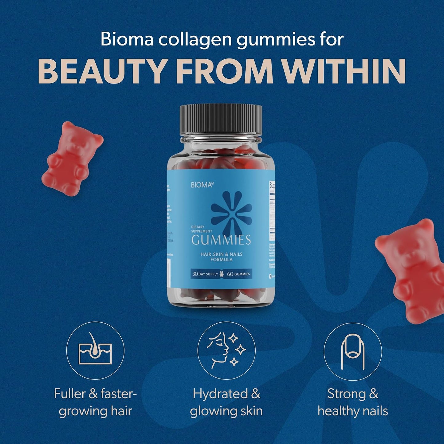 BIOMA Hair, Skin & Nails Beauty Gummies - Supports Growth & Strength with Biotin, Collagen, Zinc & Vitamins C & D - Gluten-Free - 60 Gummies (30-Day Supply)