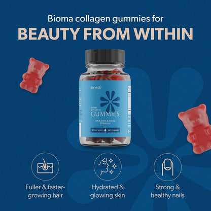 BIOMA Hair, Skin & Nails Beauty Gummies - Supports Growth & Strength with Biotin, Collagen, Zinc & Vitamins C & D - Gluten-Free - 60 Gummies (30-Day Supply)